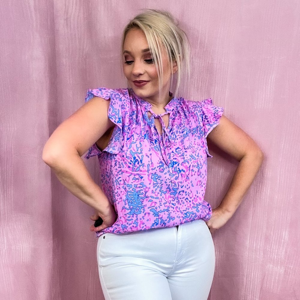 Printed Tie Neck Flutter Sleeve Blouse